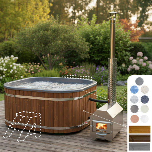 Angled view of square wood fired hot tub for 6-8 persons with external stainless steel heater and wooden paneling