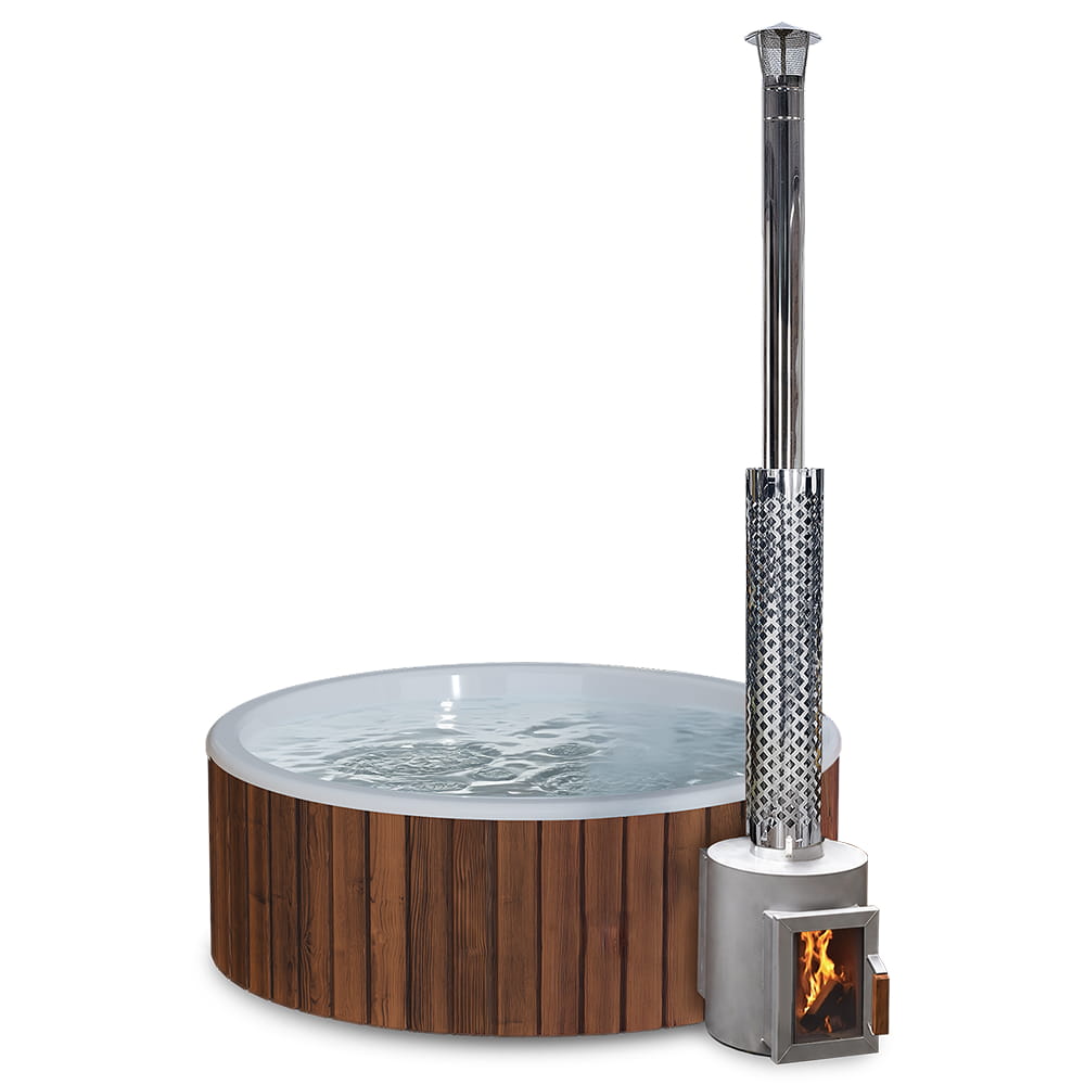 Flat Bottom Wood-Fired Hot Tub with Hydro Jets and LEDs for 4-6 people
