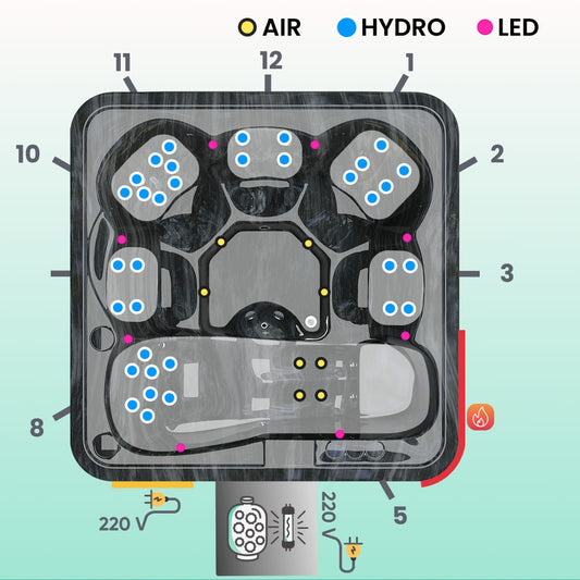 Premium Square Wood-Fired Hot Tub with 34 Hydro Jets & Reclining Lounger – Seats 6