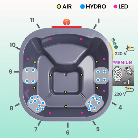 Outdoor view of square 4-6 seater wood fired hot tub with stainless steel stove, wooden steps, and thermowood cladding