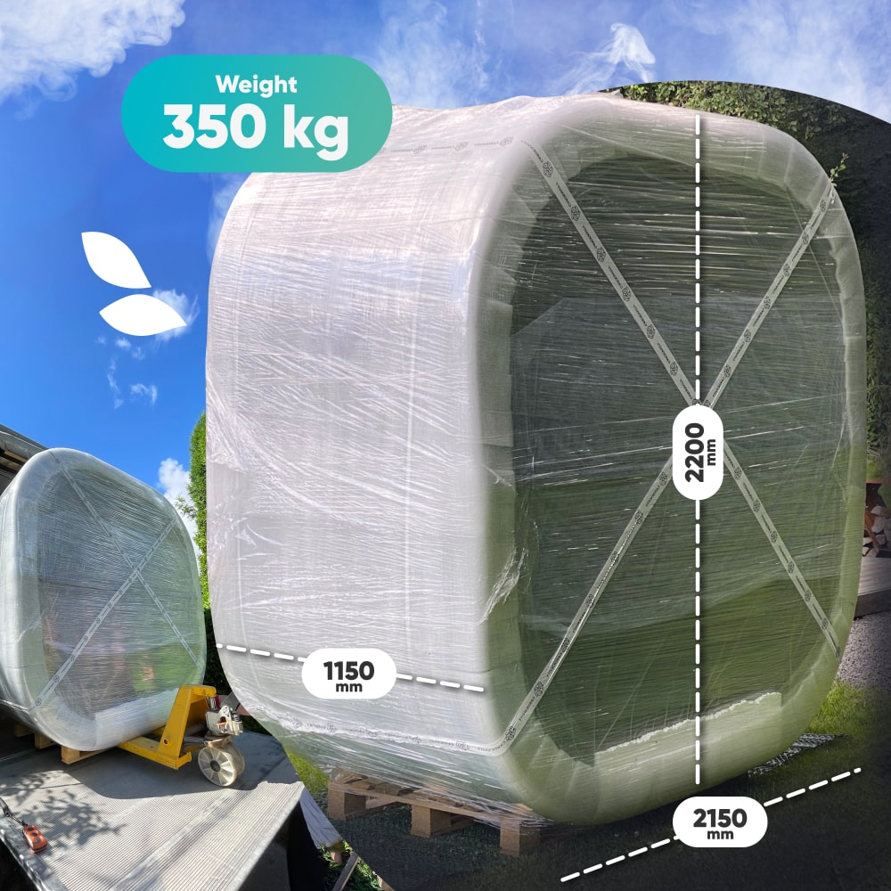Wrapped premium 4-8 seater wood fired hot tub with dimensions and 350 kg weight displayed outdoors