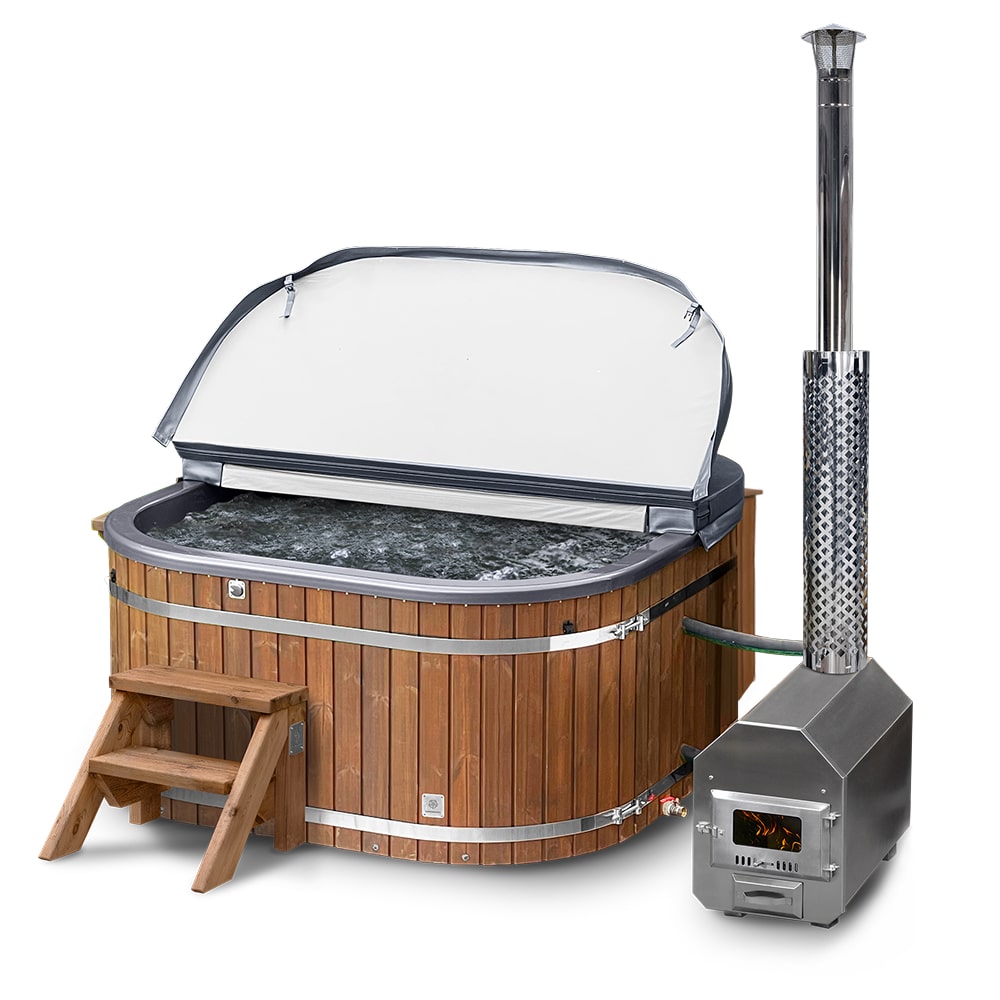 A metallic grey acrylic wood fired hot tub with ThermoWood cladding, featuring an external AISI 304 stainless steel heater and chimney.