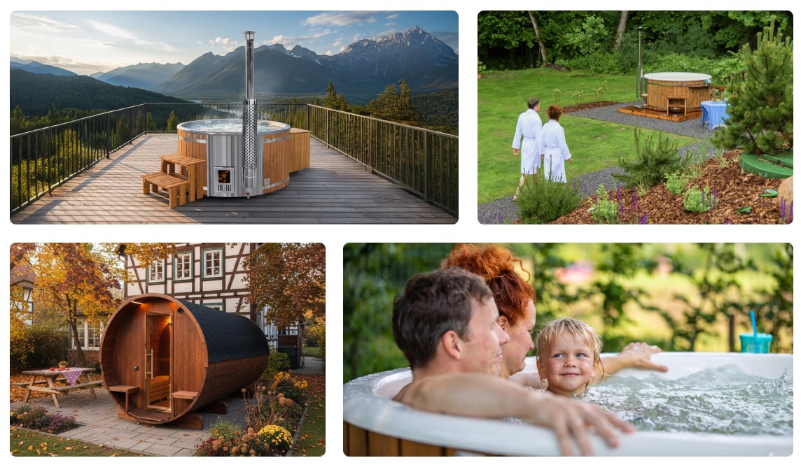 Gardenvity hot tub badefass Collage aus vier Bildern: Oben links ein Badefass mit Ofen auf einer Holzterrasse (hot tub), beleuchtet von Lichterketten, umgeben von Pflanzen; oben rechts ein Paar in weißen Bademänteln, Hand in Hand über einen Weg in einer grünen Gartenlandschaft gehend, mit einem weiteren Holz-Whirlpool im Hintergrund; unten links Nahaufnahme von sprudelndem Wasser und zwei Düsen im Inneren eines hot tubs; unten rechts eine Familie (Mann, rothaarige Frau, kleines Kind) entspannt sich gemeinsam in einem