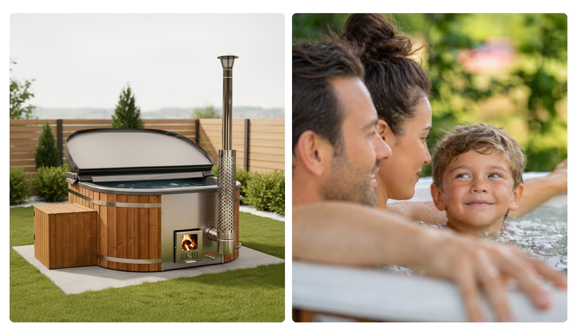 Hot tub on grass with outdoor setting and family in hot tub