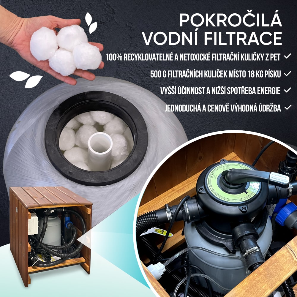 Hand holding white recyclable filtration balls above open water filter tank and close-up of connected filtration system components