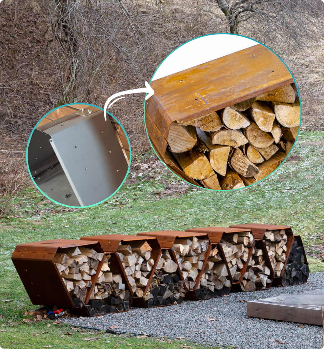 Brennholzständer aus Holz mit gestapelten Holzscheiten vor natürlichem Hintergrund