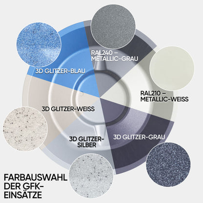 Top-down view of color selection wheel for fiberglass inserts showing metallic and 3D glitter finishes in blue, white, silver, gray, and white