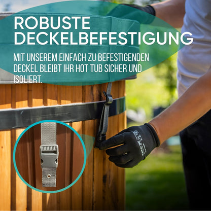 Close-up of person fastening strap to secure hot tub cover on wooden hot tub outdoors with green background