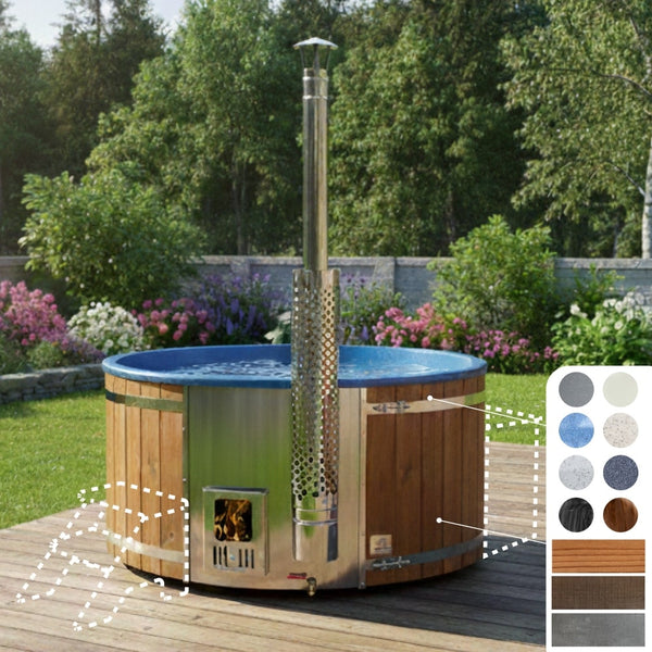 Configure Wood Fired Hot Tub for 4-6 with integrated stainless steel heater and ThermoWood cladding outdoors