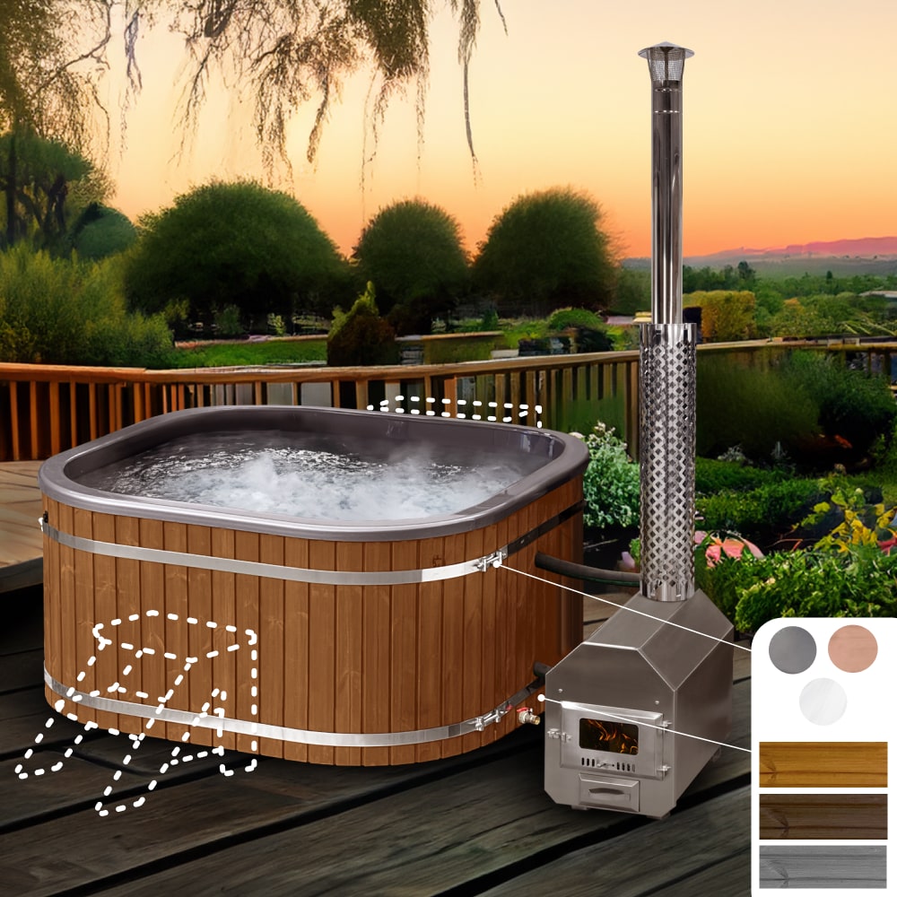 Konfigurierbar Whirpool mit Holzofen Eckig für 6-8 Personen | Externe Ofen