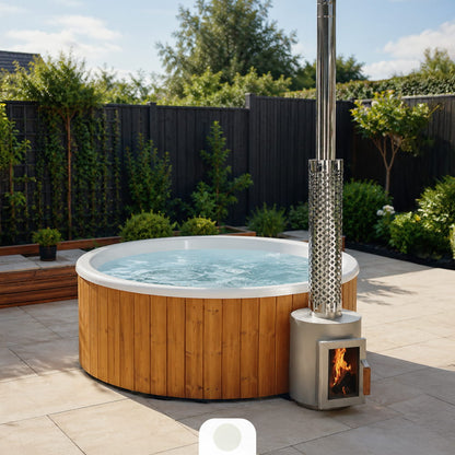 Flat Bottom Wood-Fired Hot Tub with Hydro Jets and LEDs for 4-6 people