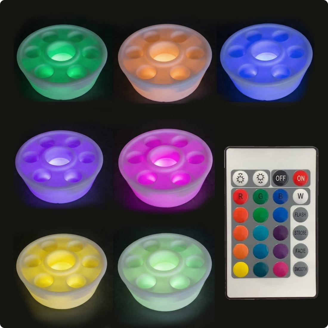 Set aus farbenfrohen LED-Leuchten in schwebender Barform mit Fernbedienung auf schwarzem Hintergrund
