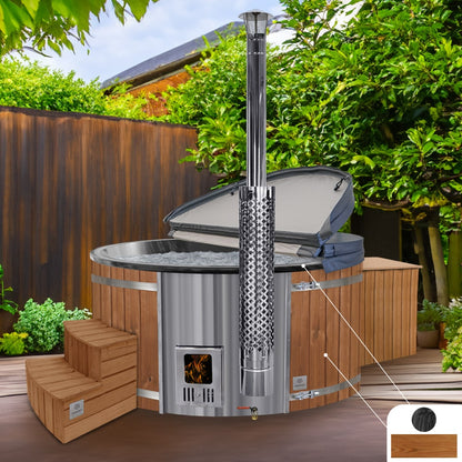 A round hot tub with marble black acrylic insert, ThermoWood cladding, and integrated AISI 316 stainless steel heater, set in an outdoor setting with surrounding greenery.