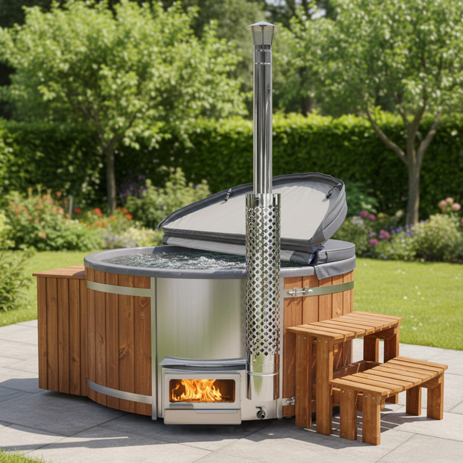Hot Tub mit Horizon-Ofen, Massagedüsen, Edelstahl, Holzverkleidung und Schornstein