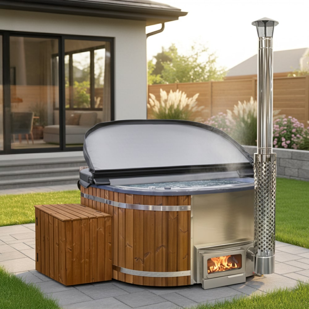 Premium-Hot-Tub für 4–8 Personen mit ThermoWood-Verkleidung, Edelstahl-Horizon-Ofen und Schornstein im Außenbereich