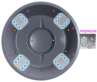 A round gray tub insert showing the layout of the hydrotherapy and hydro massage jets inside