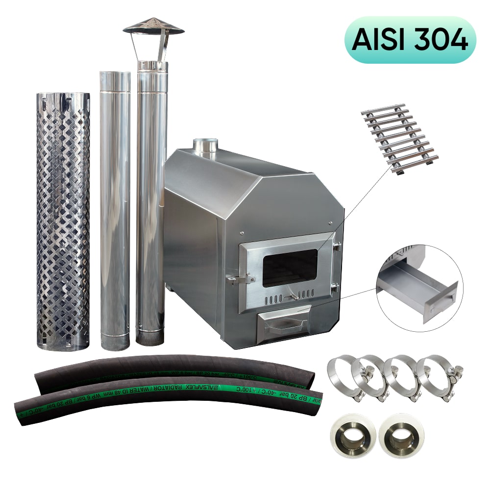Komplettes AISI 304 Edelstahl-Ofenset mit 38 kW für Hot Tubs, inklusive Rohren, Schellen, Abgasanschluss und Feuerrost