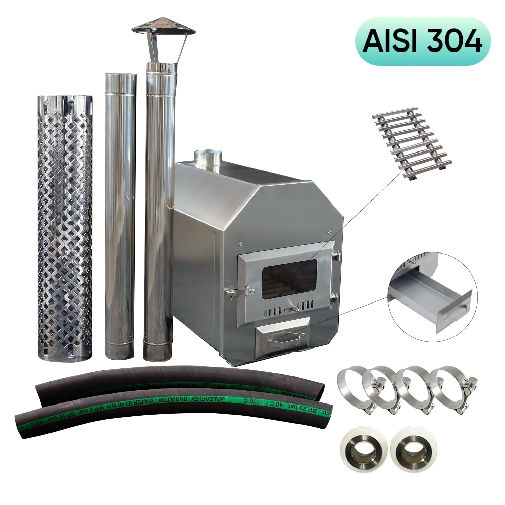 Komplettes AISI 304 Edelstahl-Holzofen-Set für Hot Tubs mit Schornsteinrohren, Wärmetauscher, Schellen und Schläuchen