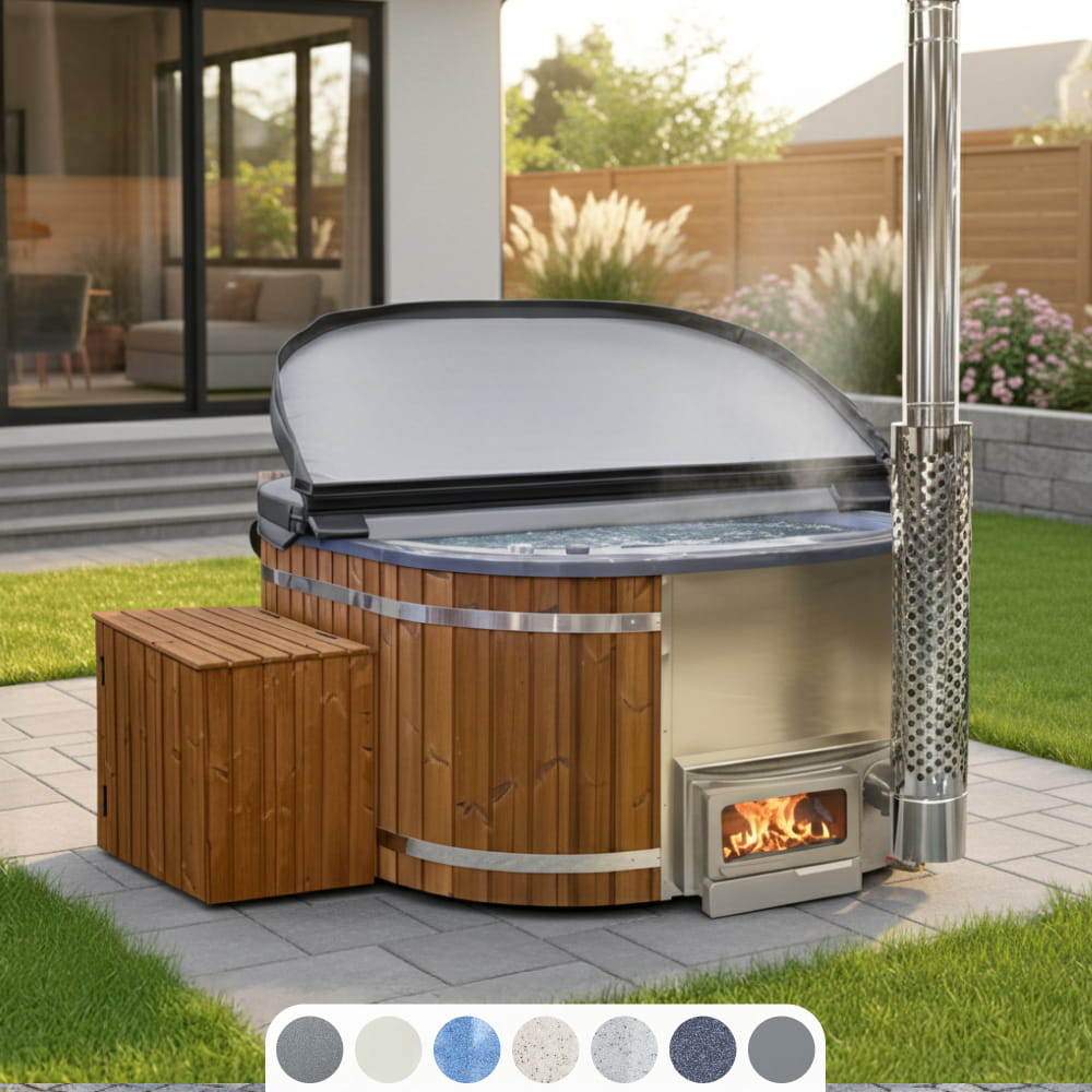 Squre wood-fired hot tub with Horizon stove, open insulated cover and wooden side filter box in a modern garden