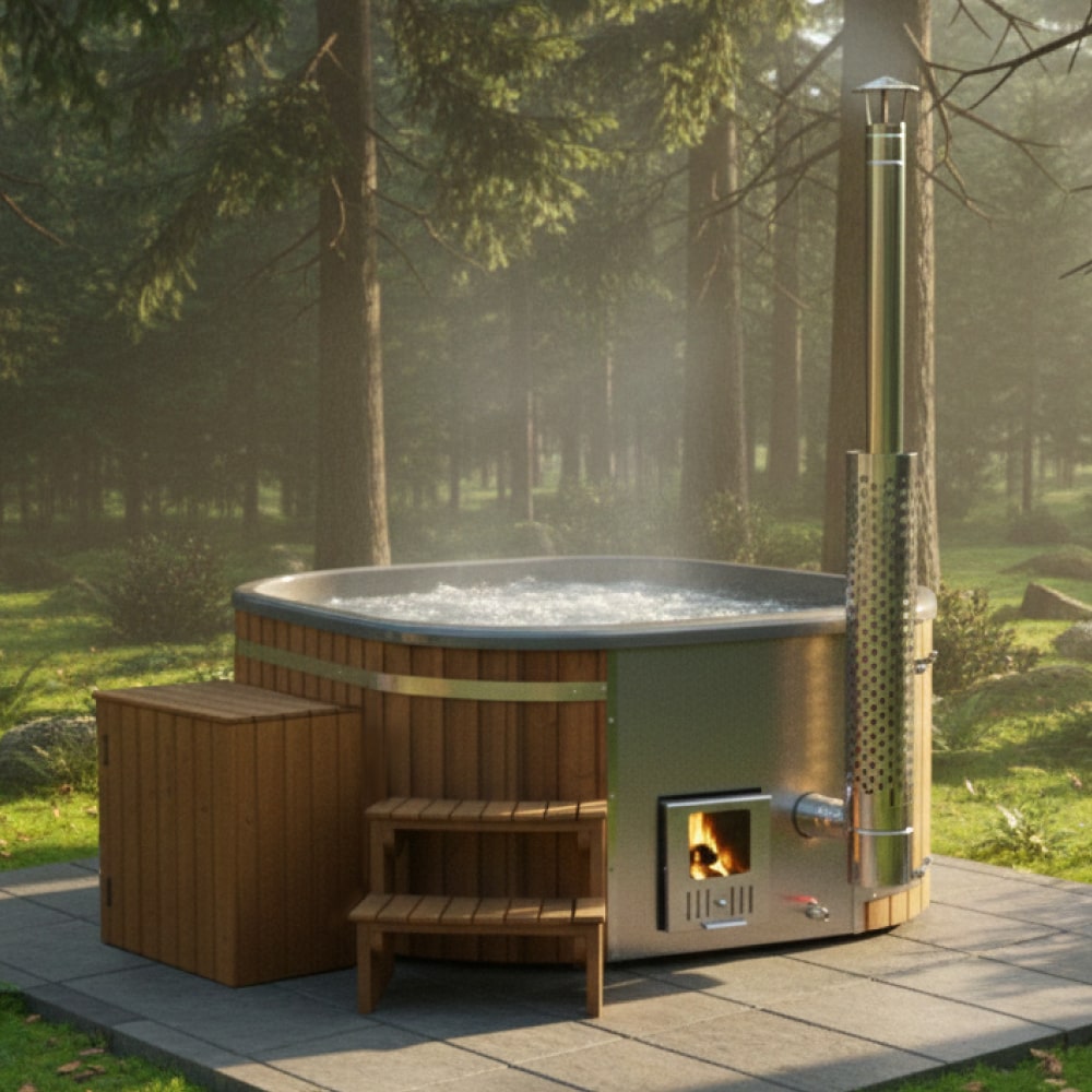 Quadratischer Hot Tub für 4–6 Personen mit Edelstahlofen, Holztreppe und ThermoWood-Verkleidung im Außenbereich