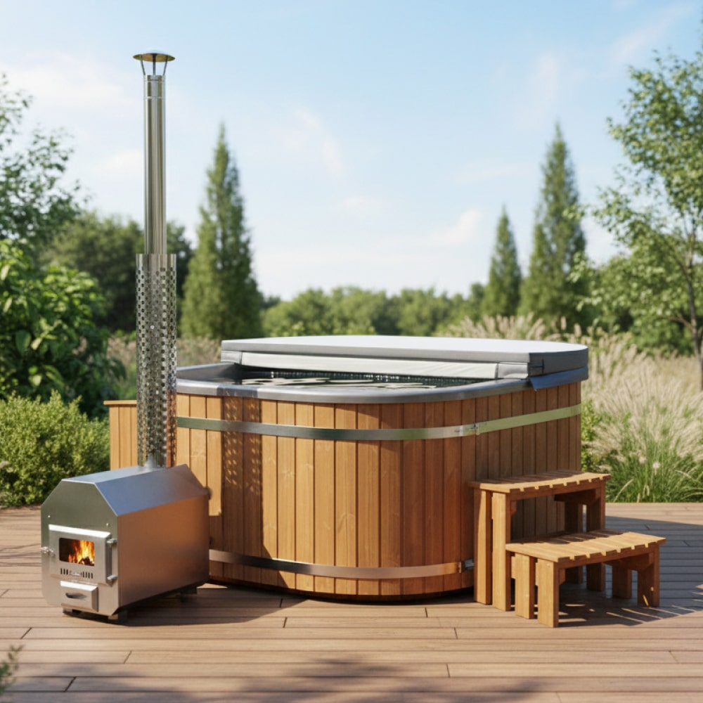 Quadratischer Hot Tub mit heller ThermoWood-Verkleidung, externem Edelstahlofen und Holztreppe im Außenbereich