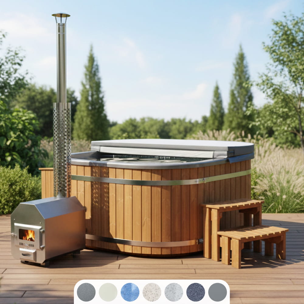 Square wood-fired hot tub with external stainless steel heater, wooden steps and cover on a garden terrace