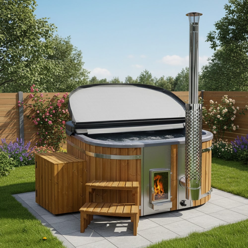 Square Wood Fired Hot Tub for 4-6 with Premium Filter & Targeted Massage With 24 Hydro Jets, Verta stove