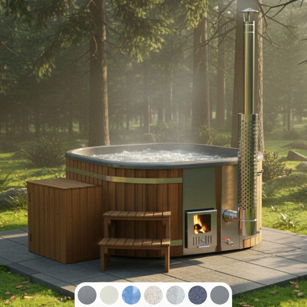 Eckiger holzbefeuerter Hot Tub mit integriertem Edelstahl-Ofen auf einer Terrasse im Wald