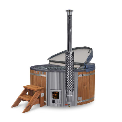 Special Offer - Wood Fired Hot Tub | 12 hydro & 12 air jets | Grey fibreglass insert | for 4-6 Persons | Pre-configured