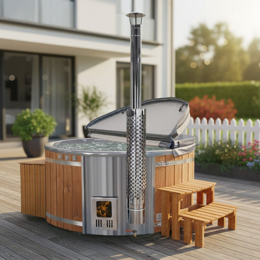 Super Angebot Hot Tub mit integriertem Holzofen | Filteranlage mit Sandfilter & UV-C Lampe | 16 Hydrodüsen | Für 4–6 Personen