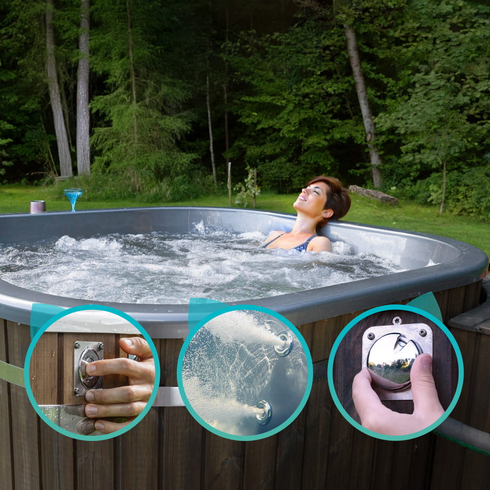 Eine Frau badet in einer quadratischen Wanne mit sprudelndem Wasser – Nahaufnahmen veranschaulichen die Steuerung, Bedienung und Einstellung der Hydromassage.
