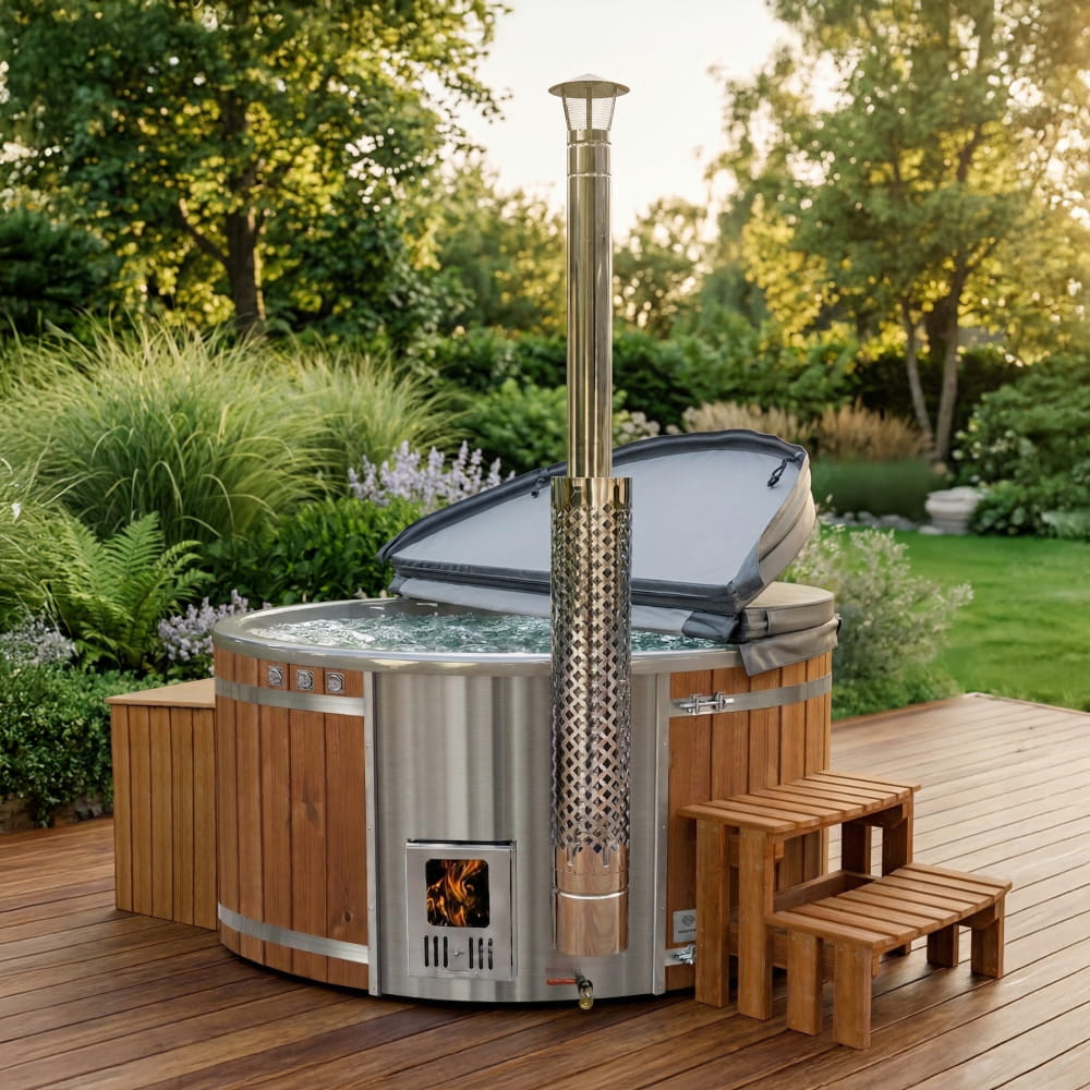 Round wood-fired hot tub with stairs and faux leather cover