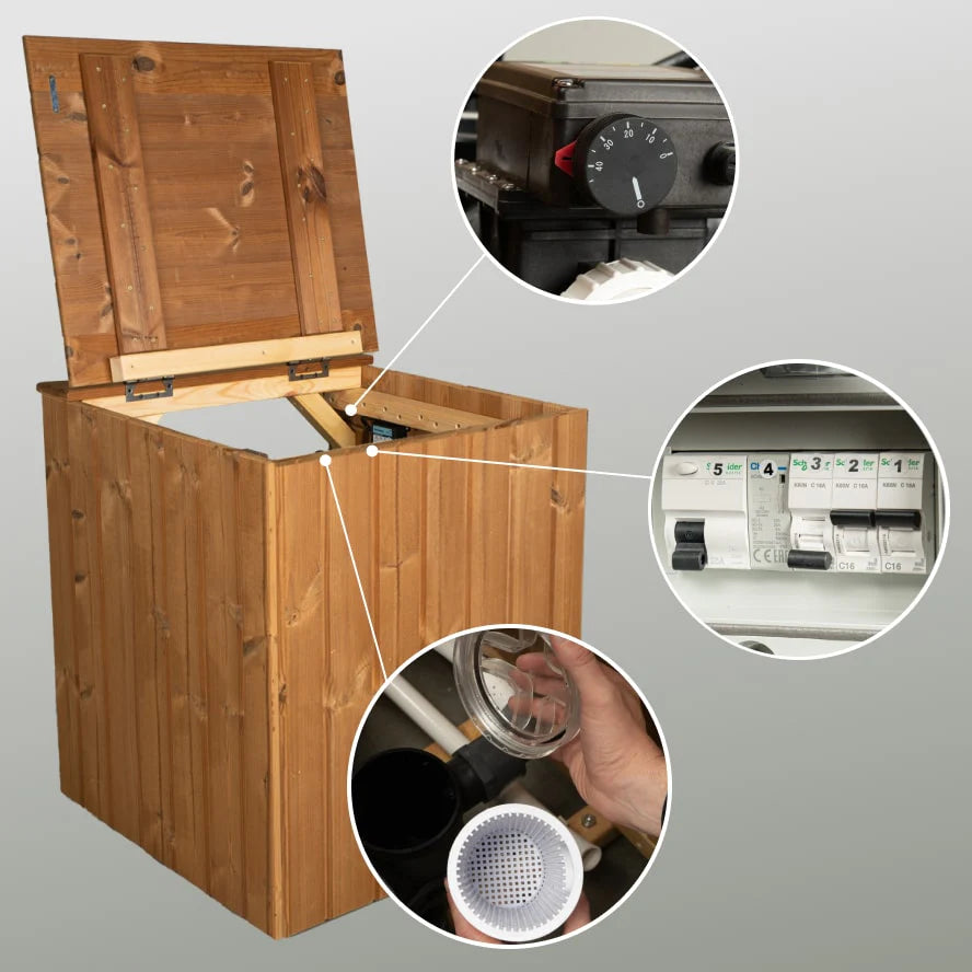 Wooden hot tub housing with open lid showing close-ups of temperature control, circuit breakers, and water filter components