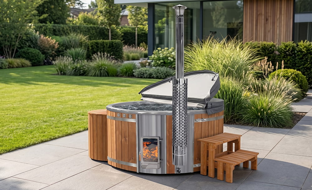 Hot Tub im Außenbereich mit Verta-Ofen und Filter im Garten