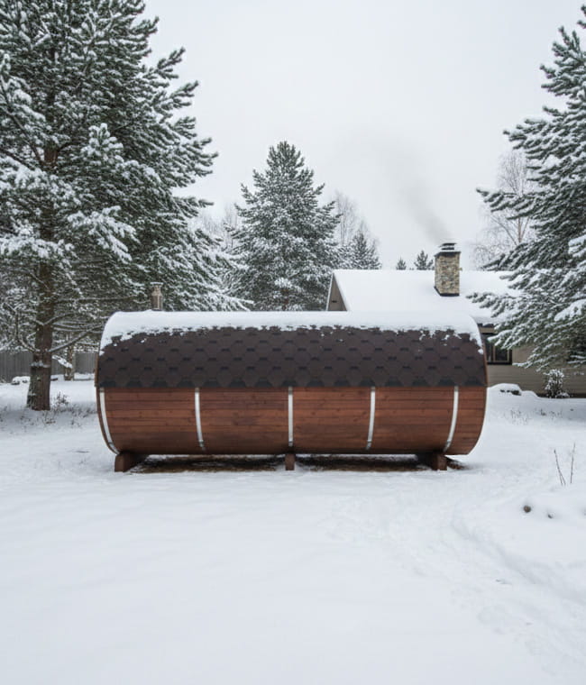 Showcasing the inside of a wooden barrel sauna.