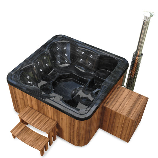 Premium Square Wood-Fired Hot Tub with 34 Hydro Jets & Reclining Lounger – Seats 6