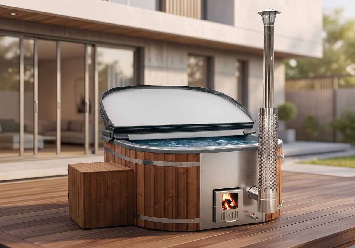 Hot Tub mit Metallaußenverkleidung auf einer Holzterrasse