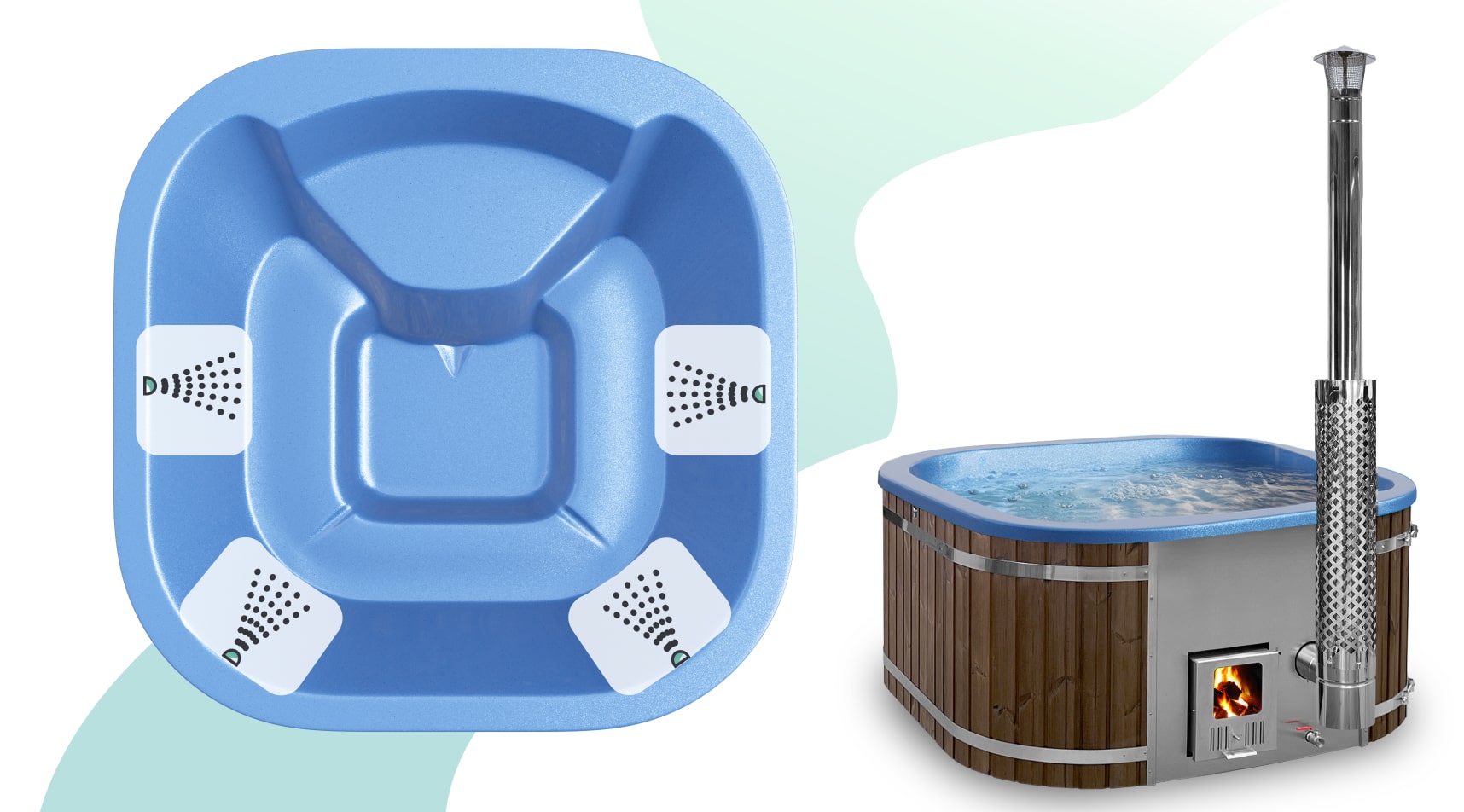 Square hot tub interior with molded seating and integrated hydro massage jet positions. Square wood-fired hot tub with integrated stainless steel heater and chimney, shown as a complete outdoor unit.