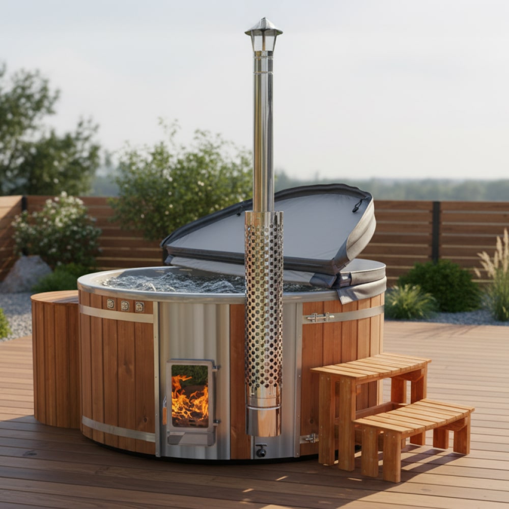 Hot Tub Komplettpaket mit Verta™ Holzofen | Premium-Filteranlage | 24 Hydrodüsen | Für 4–6 Personen