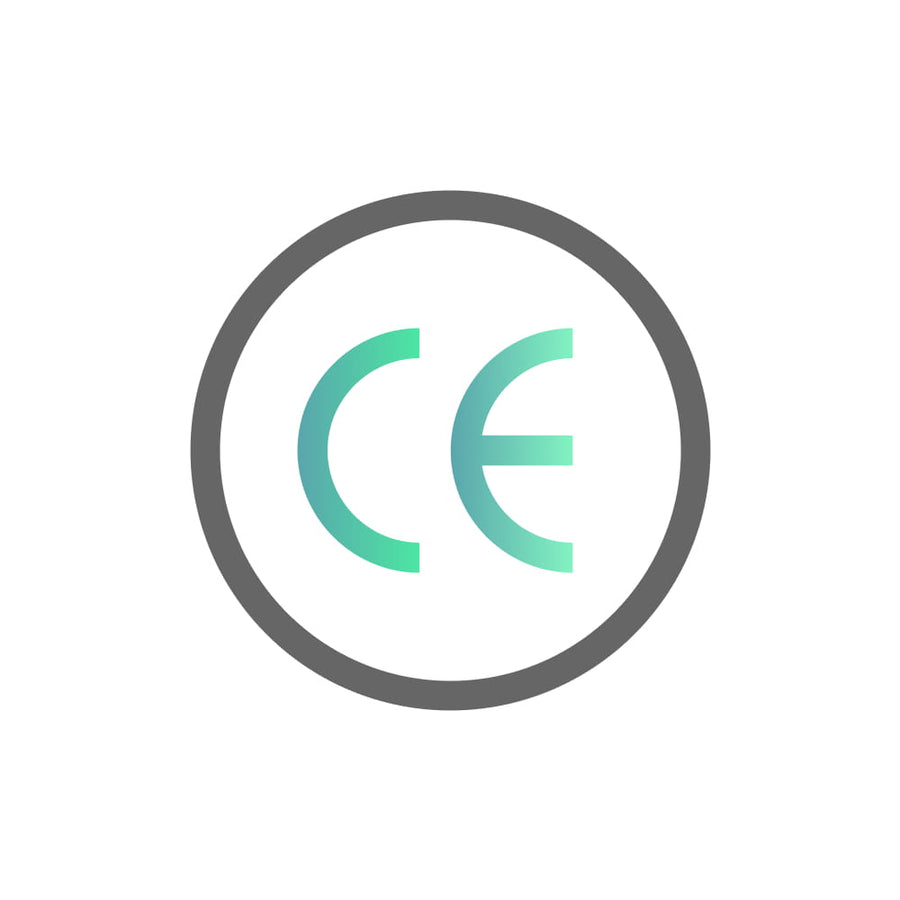 CE-Zertifikat-Logo mit Farbverlauf von Grün zu Grau auf weißem Hintergrund