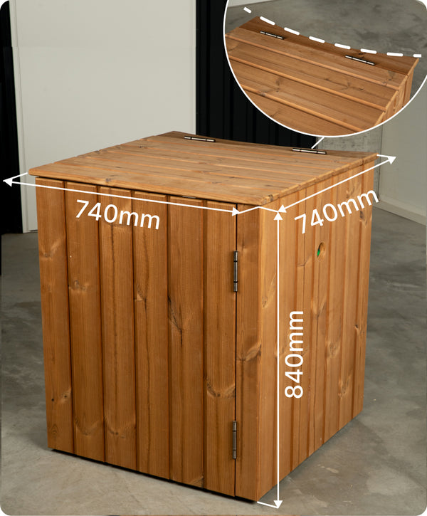 Wooden storage box with hinged lid and measurements of 740mm width, 740mm depth, and 840mm height shown on concrete floor