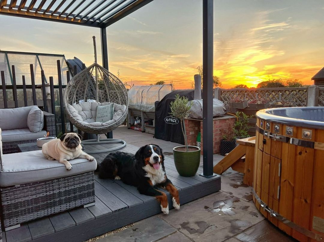 Terrasse im Freien bei Sonnenuntergang mit Korbmöbeln, Hängesessel, zwei Hunden, Topfpflanzen und hölzernem Whirlpool auf Steinboden.