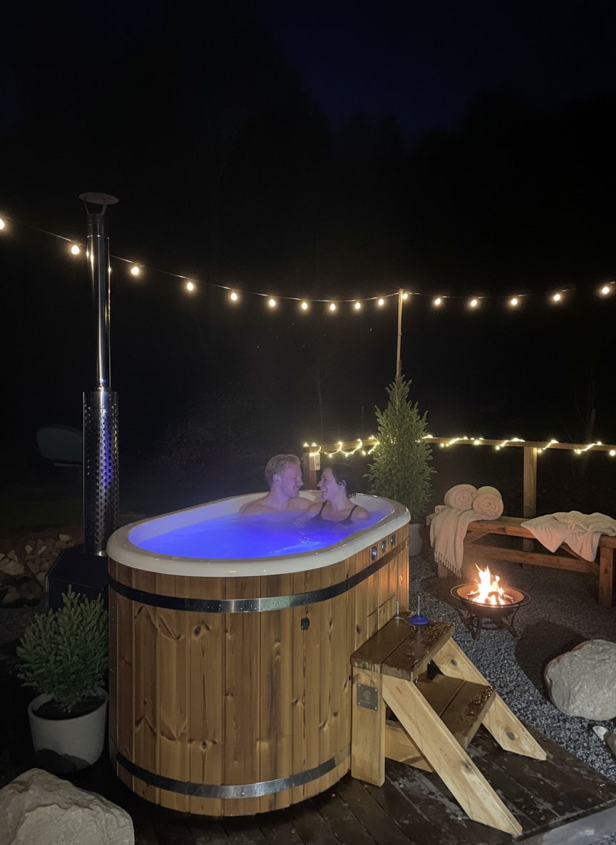 Nachtansicht eines Paares, das sich in einem beleuchteten, holzbefeuerten Whirlpool mit Holzstufen, Lichterketten, Feuerstelle und Sitzgelegenheiten im Freien entspannt.